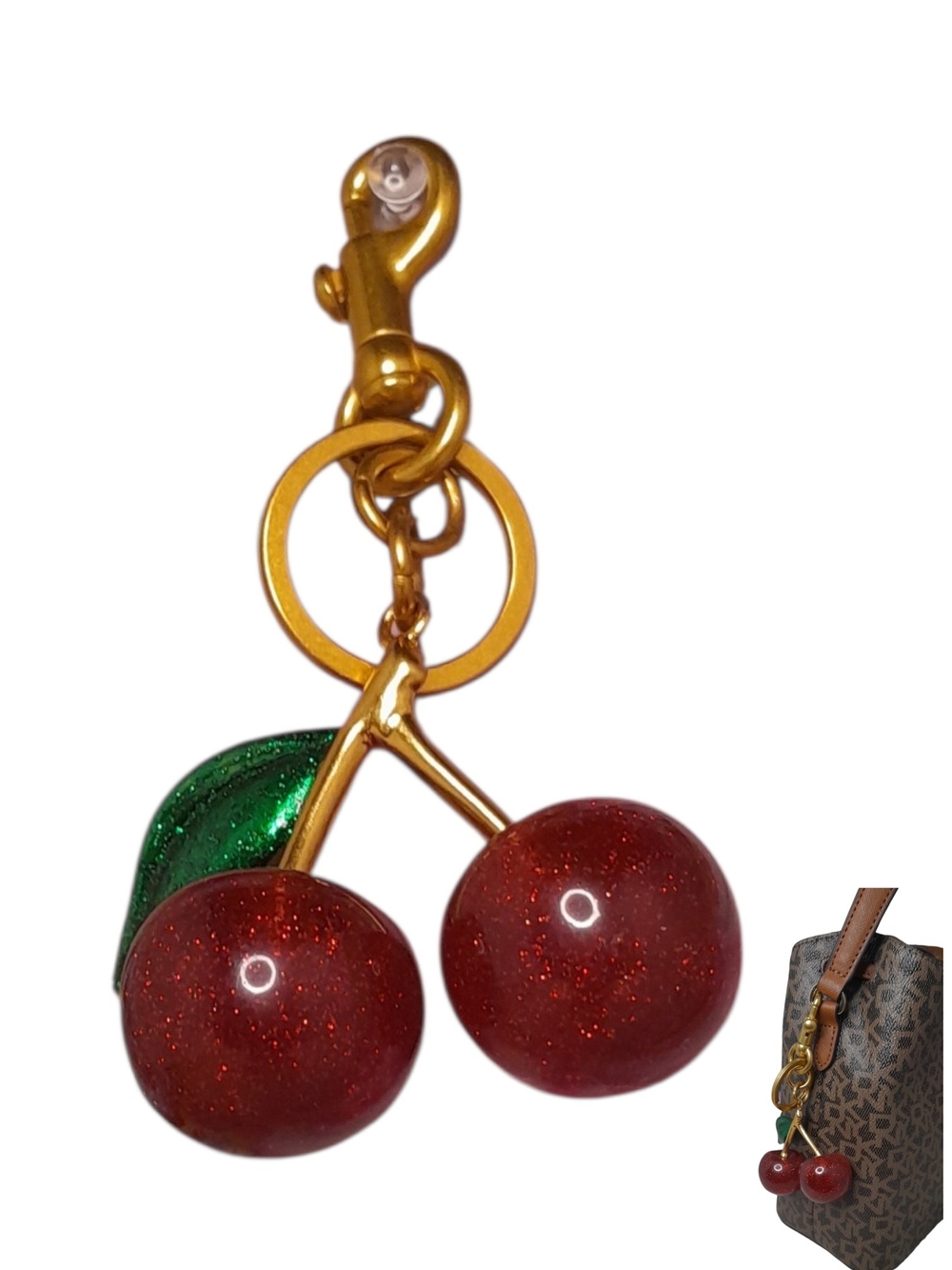 Gold Cherry Keychain Bag Charm with Red Glitter Cherries - Picture 1 of 5